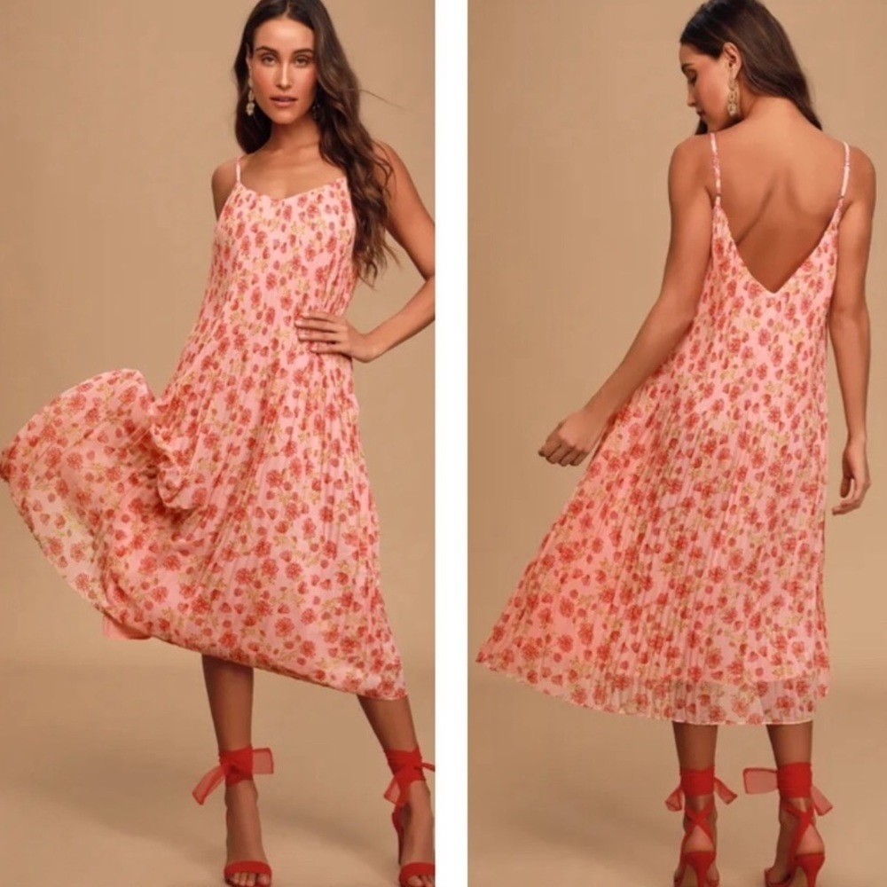 Lulus Women M Spaghetti Straps Liza Pink Floral Print Pleated Midi Dress NWT